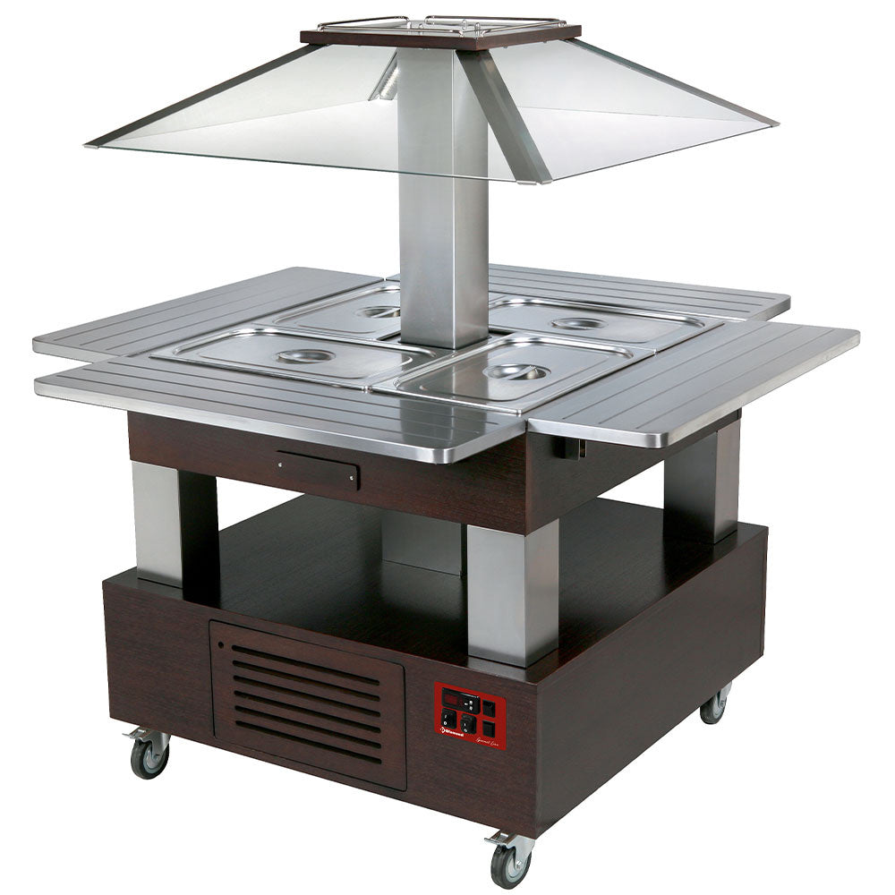 Ø-vandbænk varm buffet, motoriseret tag 4x GN1/1-150 (Wengé-træ)