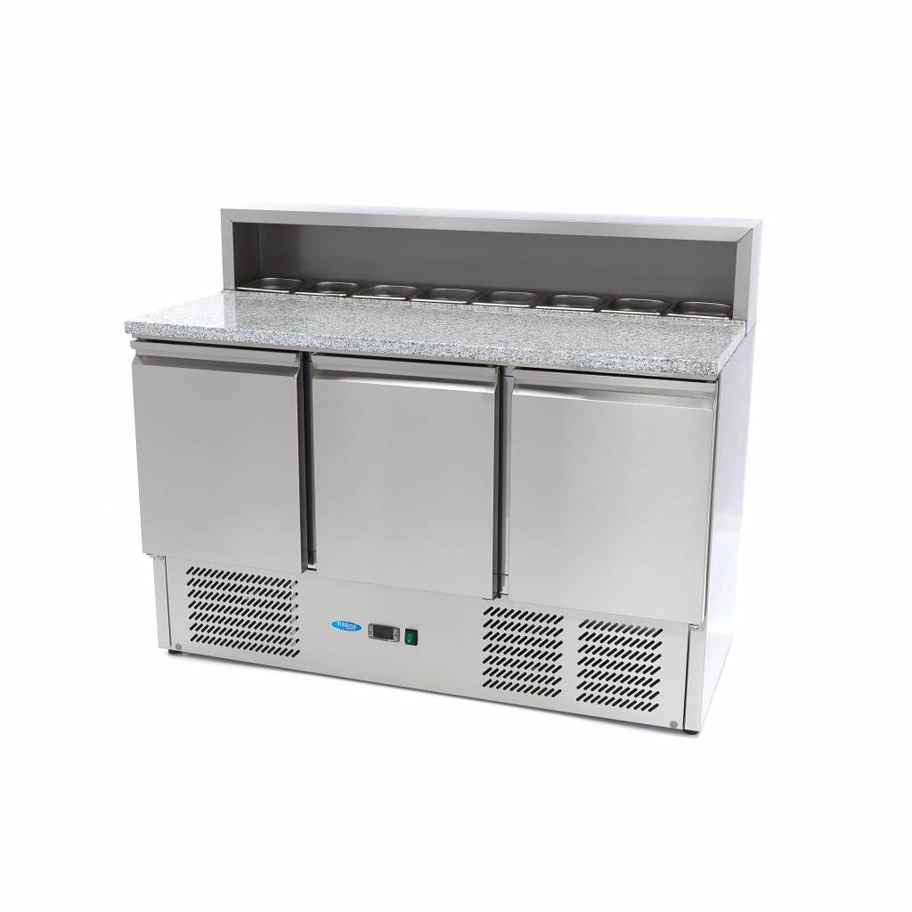 Kølebord / pizzadisk - 137cm - 3 døre - Passer til 8 x 1/6 GN - inkl rustfrit stål låg