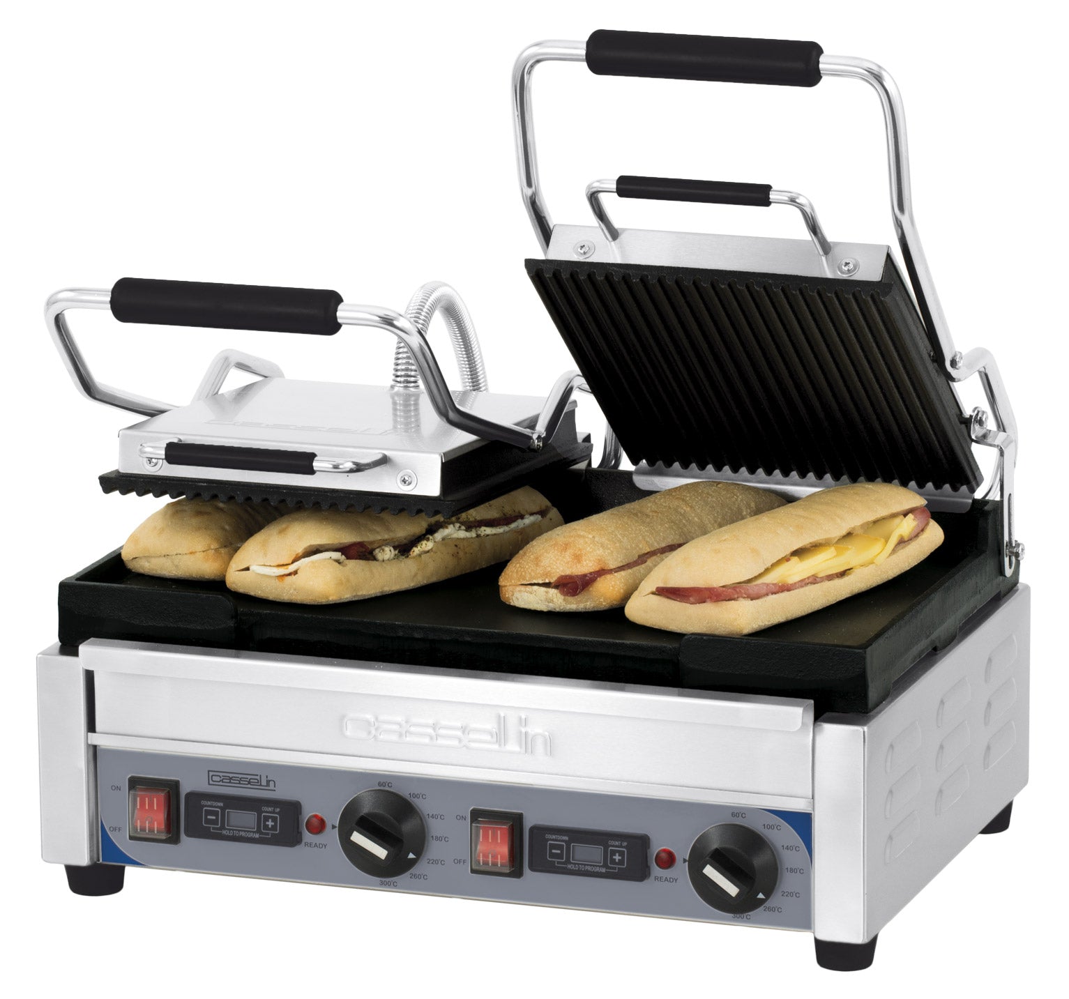 Dobbeltkontaktgrill Premium rillet - glat med timer